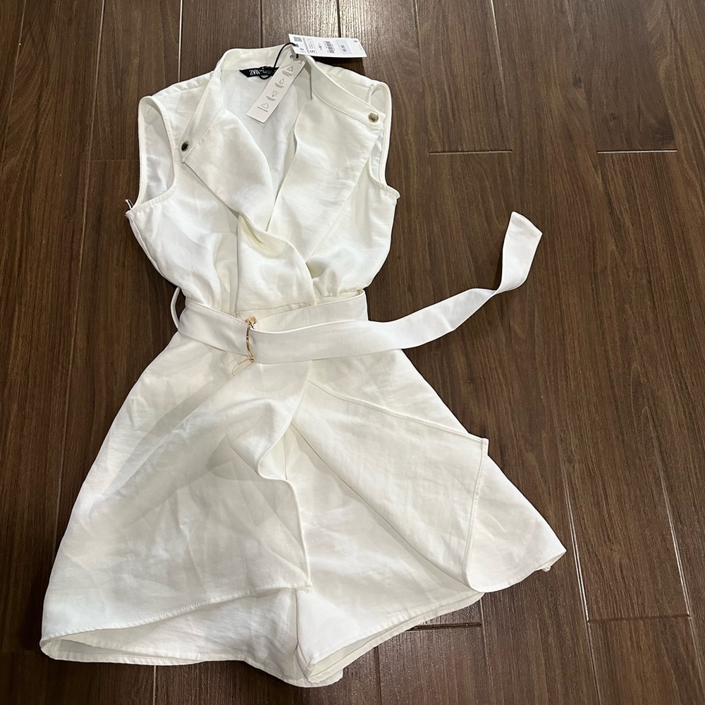 Zara White Sleeveless Belted Linen Romper